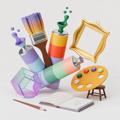 Colorful painting tools float with paintbrush art palette cube and drawing book