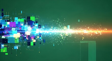 Abstract digital data stream with colorful glowing cubes and a bright light beam on a dark green background, representing technology and information flow.