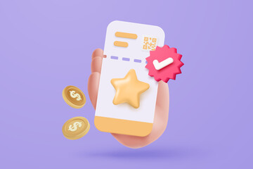3D cinema movie ticket with online money payment in hand, ready for watch movie  in theatre. Media film for entertainment, booking ticket service. 3d vector cinema coupon icon render illustration