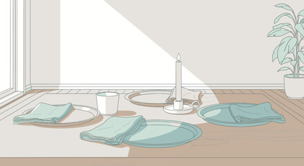 A serene dining scene with plates, napkins, a candle, and a plant bathed in sunlight.