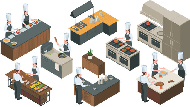 Isometric illustration of professional chefs cooking in a commercial kitchen, teamwork in food preparation, restaurant culinary workspace design