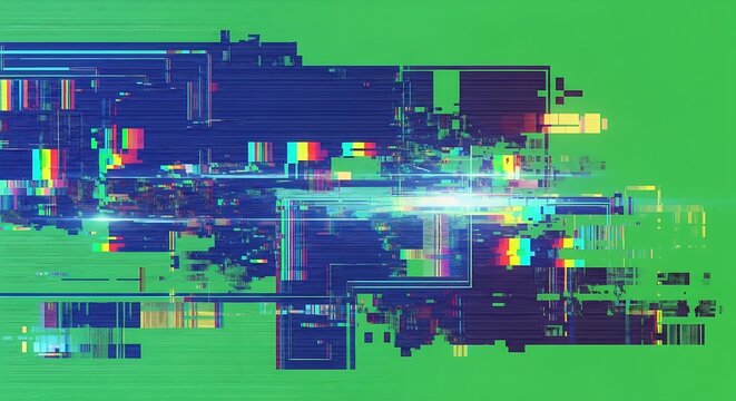 Abstract digital glitch art with vibrant color distortion and light streaks on a bright green background, representing data corruption or futuristic technology. - Powered by Adobe