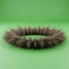 A dynamic circular explosion of brown dust and dirt particles suspended in the air against a vibrant green background, creating an abstract and energetic visual.