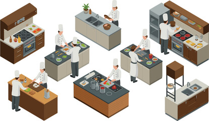 Isometric illustration of professional chefs cooking in a commercial kitchen, teamwork in food preparation, restaurant culinary workspace design