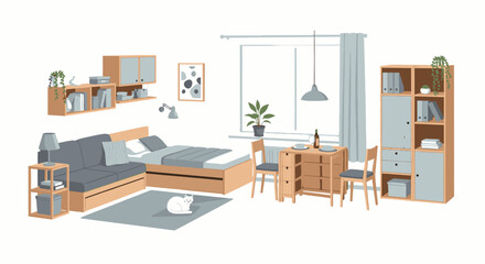 A cozy studio apartment featuring a sofa bed, desk, and shelving units, with a cat lounging on the rug.