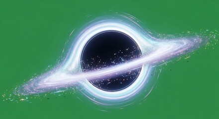 A striking digital illustration of a black hole with a vibrant, glowing accretion disk against a solid green background.