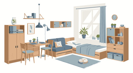 A modern and organized studio apartment with a bed, desk, sofa, and storage furniture in light wood and blue tones.
