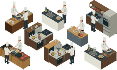 Isometric illustration of professional chefs cooking in a commercial kitchen, teamwork in food preparation, restaurant culinary workspace design