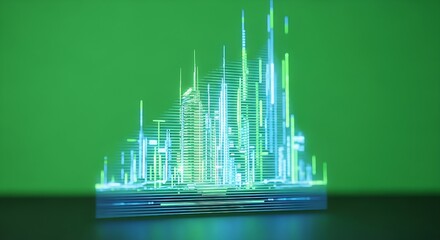Abstract glowing digital city skyline with data visualization on a green screen background.