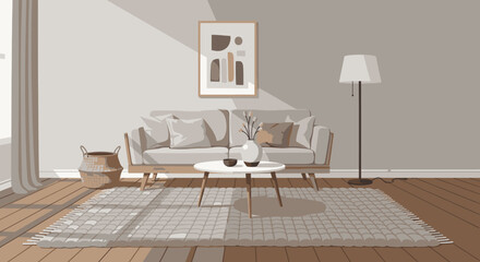 A bright and airy living room with a modern sofa, coffee table, and abstract art, bathed in natural light.