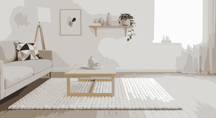 A modern and minimalist living room interior with a comfortable sofa, wooden coffee table, and natural light streaming through the window.