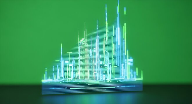 Abstract glowing digital city skyline with data visualization on a green screen background.