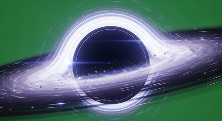 A mesmerizing illustration of a black hole with a glowing accretion disk against a green background, featuring a bright lens flare.
