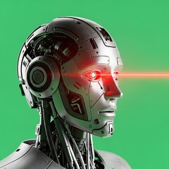 Close-up of a futuristic metallic humanoid robot head with glowing red eyes and a laser beam.