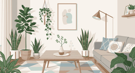 A cozy and inviting living room interior with numerous green houseplants, a sofa, and a coffee table.
