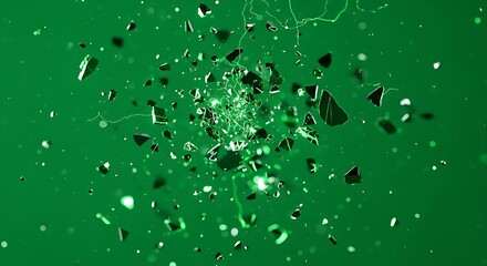 Shattered dark fragments and glowing green particles exploding outwards on a vibrant green background, depicting a powerful impact or destruction.