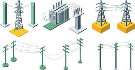 isometric power line and electricity transmission tower set, transformer station, utility poles, electrical energy infrastructure illustration design