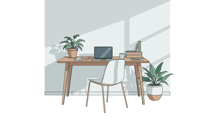 Minimalist home office interior with a wooden desk, laptop, chair, and potted plants in a sunlit room.