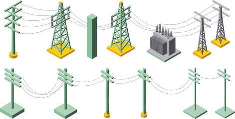 isometric power line and electricity transmission tower set, transformer station, utility poles, electrical energy infrastructure illustration design