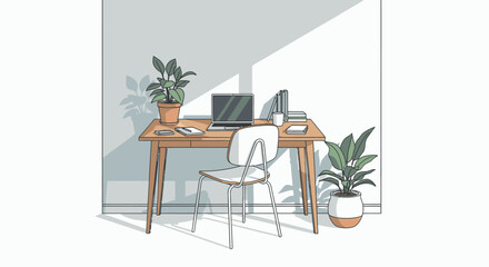 A minimalist home office setup with a wooden desk, laptop, chair, and potted plants bathed in sunlight.