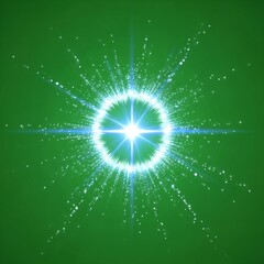 A brilliant starburst explosion of light and particles on a green background.