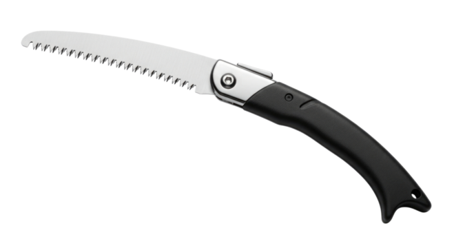 Folding saw with black handle transparent background cutout png