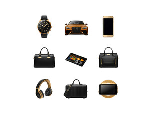 Luxury lifestyle and technology icon set in black and gold style