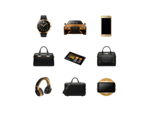 Luxury lifestyle and technology icon set in black and gold style