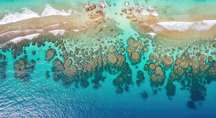 Aerial view of ocean with coral reefs and waves near the sandy beach