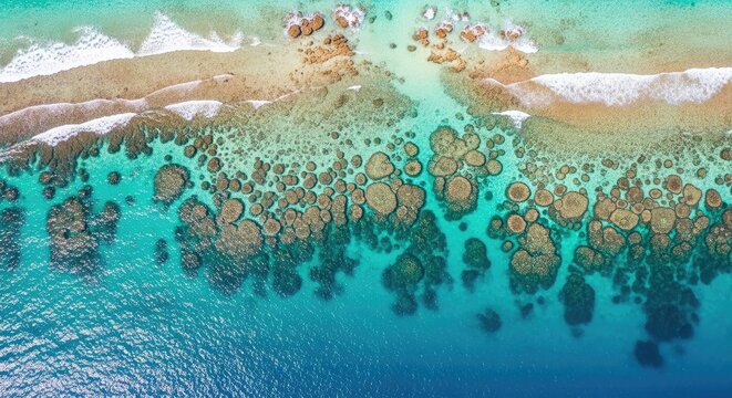Aerial view of ocean with coral reefs and waves near the sandy beach - Powered by Adobe