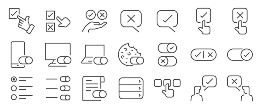 Opt-in and opt-out icon set. It included privacy, policy, select, choice, choose and more icons. Editable Vector Stroke.