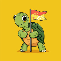 Fototapeta premium Cute green turtle mascot standing and holding a festive, floral flag on a bright yellow background.