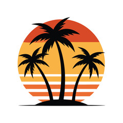 Tropical island beach vacation vector illustration with palm tree silhouette at sunset
