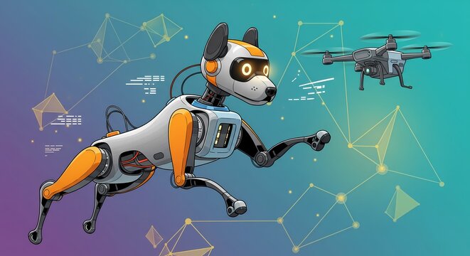 Futuristic robot dog and drone collaborate in a vibrant, data-driven digital landscape