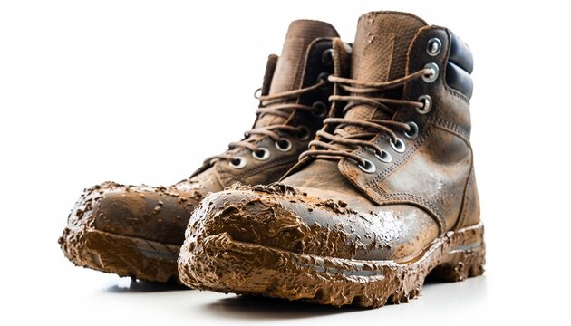 A dirty shoe covered in mud isolated on white background.
