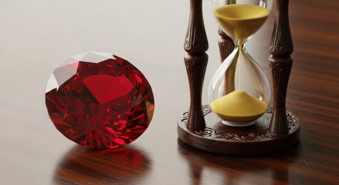 Ruby gemstone and hourglass time concept
