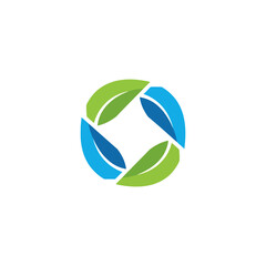Abstract circular logo with green and blue leaves.