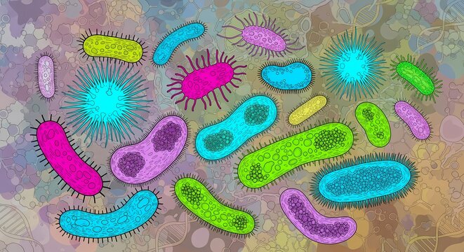 Vibrant, colorful bacteria and viruses illustrated in dynamic scientific abstract background