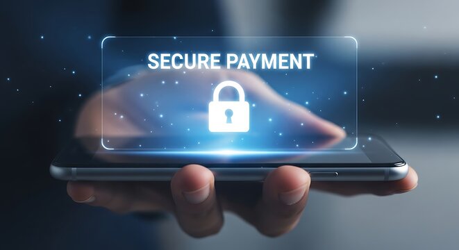 Hand holding a smartphone with a glowing holographic interface showing a secure payment padlock icon.