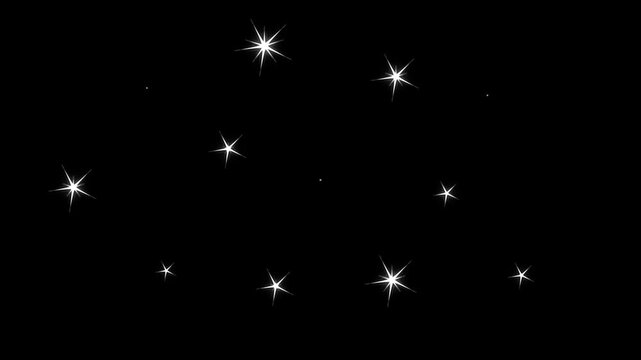 Twinkling stars animation, fast glowing line motion, white cartoon blinking stars,Twinkling star sparkle animation, glowing glitter dust trails motion graphics in After Effects on black screen. 4k