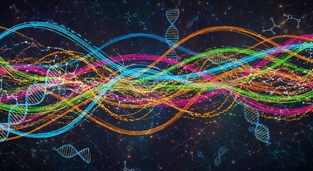 Dynamic colorful DNA strands intertwine with molecular structures on dark digital background