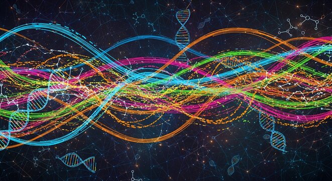 Dynamic colorful DNA strands intertwine with molecular structures on dark digital background