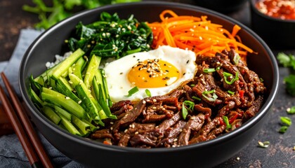 Traditional Korean Dish Bibimbap, Rice With Vegetables Beef And Egg.
