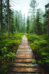 Obraz premium Scenic wooden path through lush green forest on a claudy day