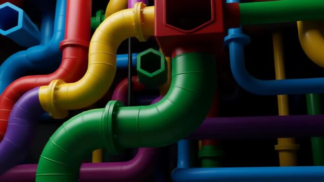 Colorful pipes interlock with flanges and hexagonal openings on dark background