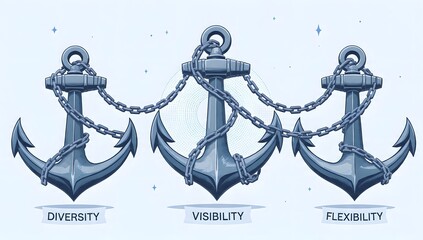 Illustrated trio of anchors linked by chains symbolizing diversity, visibility, and flexibility for inclusive teamwork and organizational resilience