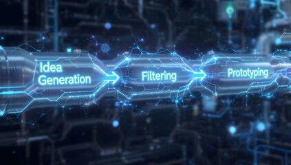 Futuristic concept illustration of idea generation to filtering and prototyping in a high-tech digital workflow, showcasing creative process