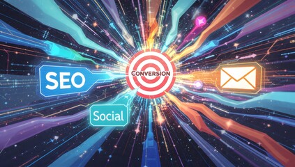 Vibrant digital marketing concept with SEO, social media, and email icons converging toward a central conversion target in a radiant burst