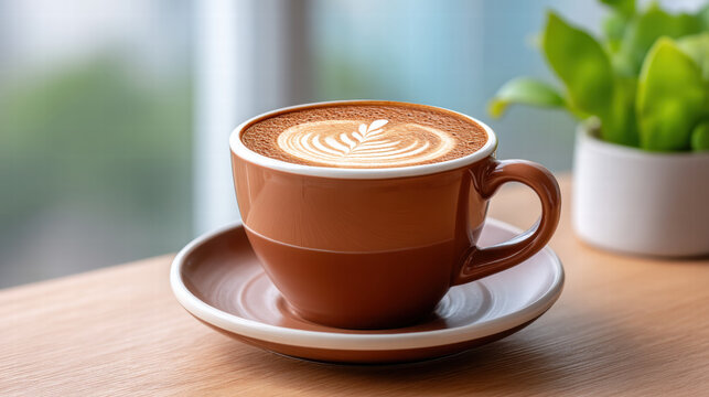 Creative coffee art with swirl in cup on wooden table near green plant creating warm inviting atmosphere for coffee lovers