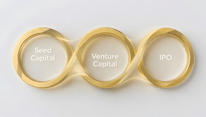 Three interconnected golden rings symbolize startup funding stages from seed capital to venture capital and IPO, illustrating growth